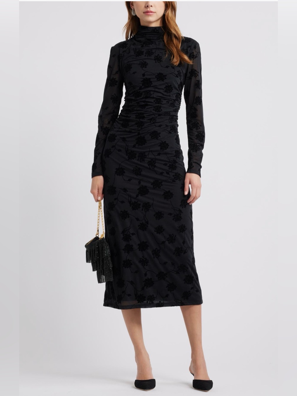 Open Edit Black Floral Flocked Long Sleeve Dress